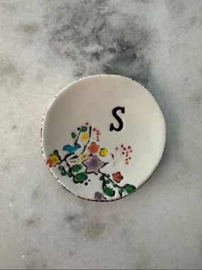 Anthropologie Monogram S Floral Ceramic Accent Dish in White
